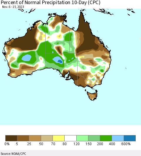 Australia Percent of Normal Precipitation 10-Day (CPC) Thematic Map For 11/6/2023 - 11/15/2023