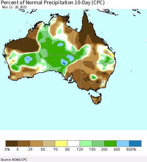 Australia Percent of Normal Precipitation 10-Day (CPC) Thematic Map For 11/11/2023 - 11/20/2023