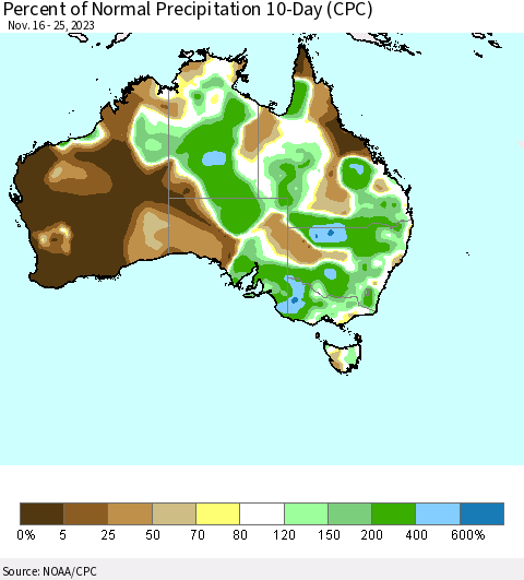 Australia Percent of Normal Precipitation 10-Day (CPC) Thematic Map For 11/16/2023 - 11/25/2023