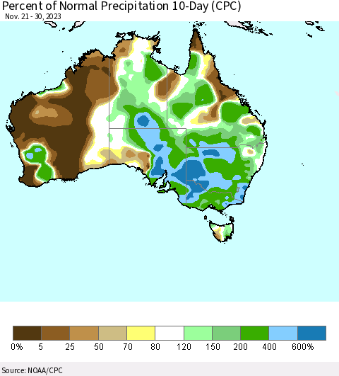 Australia Percent of Normal Precipitation 10-Day (CPC) Thematic Map For 11/21/2023 - 11/30/2023