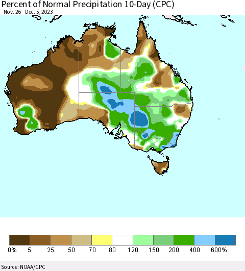 Australia Percent of Normal Precipitation 10-Day (CPC) Thematic Map For 11/26/2023 - 12/5/2023
