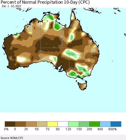 Australia Percent of Normal Precipitation 10-Day (CPC) Thematic Map For 12/1/2023 - 12/10/2023