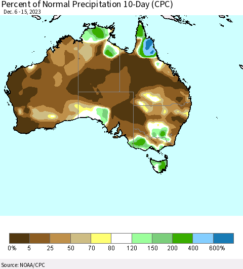 Australia Percent of Normal Precipitation 10-Day (CPC) Thematic Map For 12/6/2023 - 12/15/2023