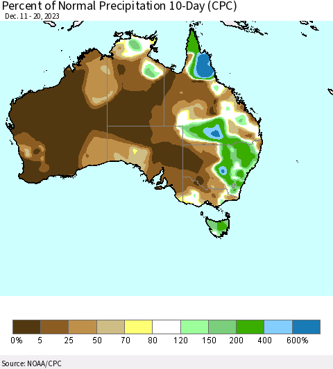 Australia Percent of Normal Precipitation 10-Day (CPC) Thematic Map For 12/11/2023 - 12/20/2023