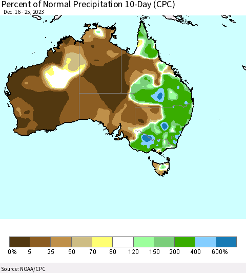 Australia Percent of Normal Precipitation 10-Day (CPC) Thematic Map For 12/16/2023 - 12/25/2023