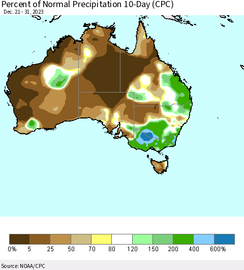 Australia Percent of Normal Precipitation 10-Day (CPC) Thematic Map For 12/21/2023 - 12/31/2023