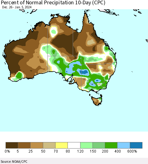 Australia Percent of Normal Precipitation 10-Day (CPC) Thematic Map For 12/26/2023 - 1/5/2024