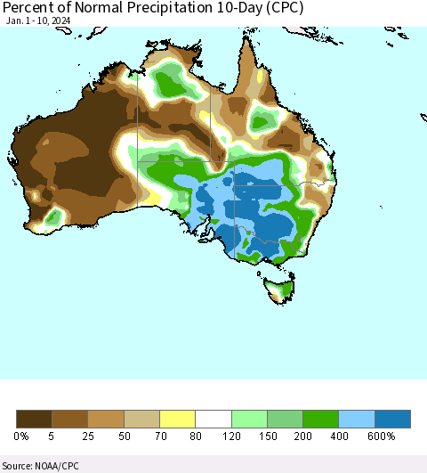 Australia Percent of Normal Precipitation 10-Day (CPC) Thematic Map For 1/1/2024 - 1/10/2024