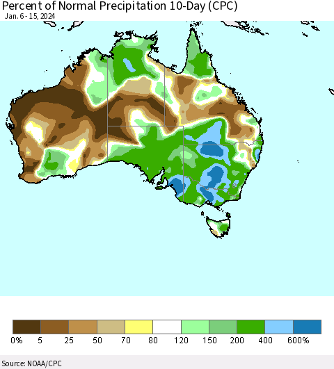 Australia Percent of Normal Precipitation 10-Day (CPC) Thematic Map For 1/6/2024 - 1/15/2024