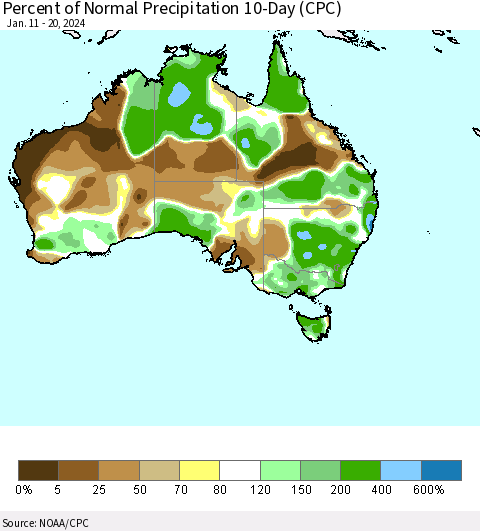 Australia Percent of Normal Precipitation 10-Day (CPC) Thematic Map For 1/11/2024 - 1/20/2024