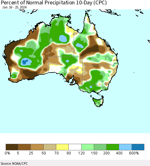 Australia Percent of Normal Precipitation 10-Day (CPC) Thematic Map For 1/16/2024 - 1/25/2024
