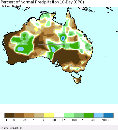Australia Percent of Normal Precipitation 10-Day (CPC) Thematic Map For 1/21/2024 - 1/31/2024