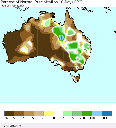 Australia Percent of Normal Precipitation 10-Day (CPC) Thematic Map For 1/26/2024 - 2/5/2024