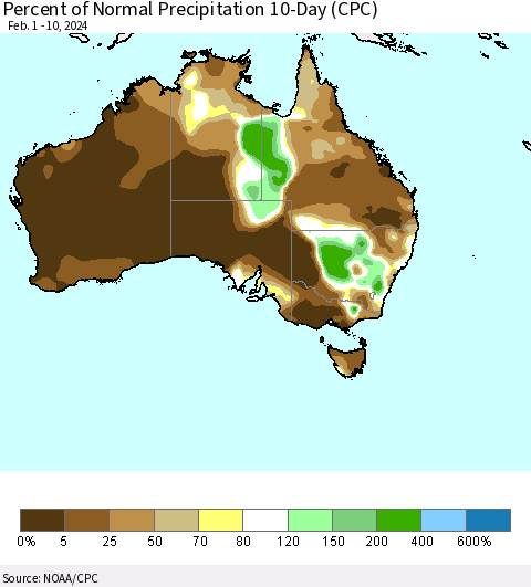 Australia Percent of Normal Precipitation 10-Day (CPC) Thematic Map For 2/1/2024 - 2/10/2024