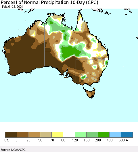 Australia Percent of Normal Precipitation 10-Day (CPC) Thematic Map For 2/6/2024 - 2/15/2024
