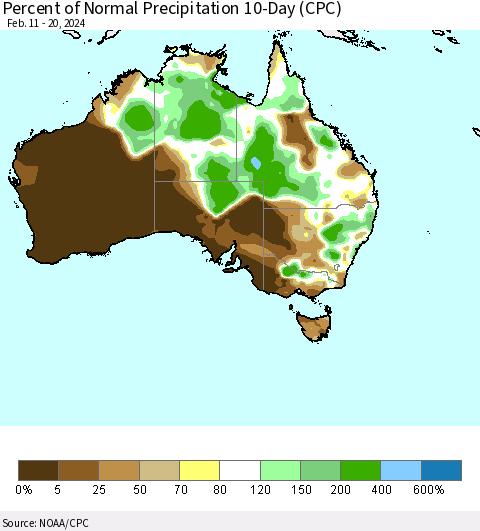 Australia Percent of Normal Precipitation 10-Day (CPC) Thematic Map For 2/11/2024 - 2/20/2024