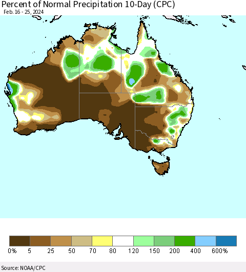Australia Percent of Normal Precipitation 10-Day (CPC) Thematic Map For 2/16/2024 - 2/25/2024