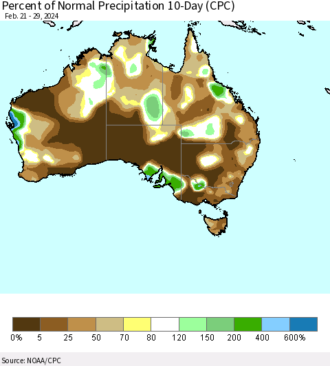 Australia Percent of Normal Precipitation 10-Day (CPC) Thematic Map For 2/21/2024 - 2/29/2024