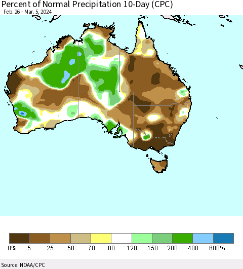 Australia Percent of Normal Precipitation 10-Day (CPC) Thematic Map For 2/26/2024 - 3/5/2024