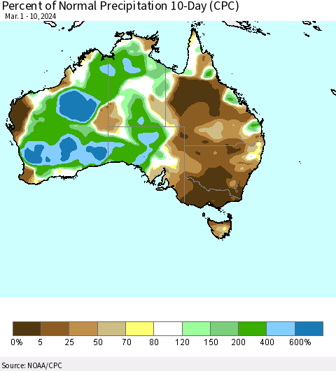 Australia Percent of Normal Precipitation 10-Day (CPC) Thematic Map For 3/1/2024 - 3/10/2024
