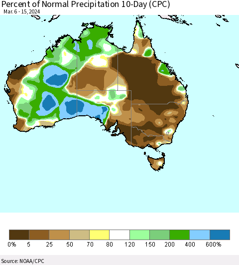 Australia Percent of Normal Precipitation 10-Day (CPC) Thematic Map For 3/6/2024 - 3/15/2024