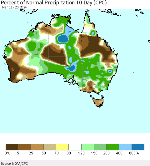 Australia Percent of Normal Precipitation 10-Day (CPC) Thematic Map For 3/11/2024 - 3/20/2024