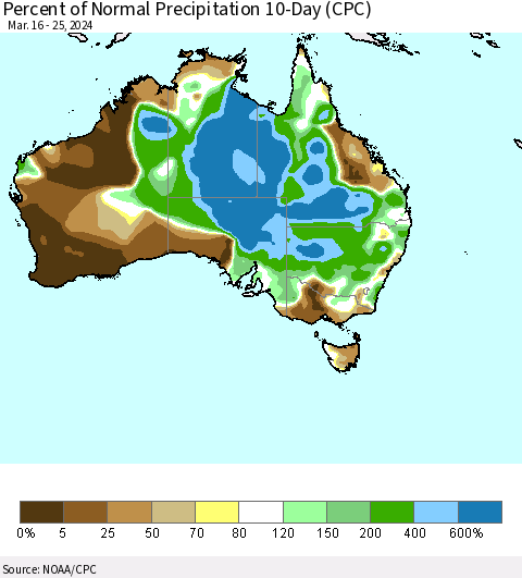 Australia Percent of Normal Precipitation 10-Day (CPC) Thematic Map For 3/16/2024 - 3/25/2024