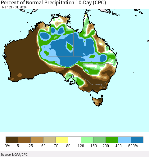 Australia Percent of Normal Precipitation 10-Day (CPC) Thematic Map For 3/21/2024 - 3/31/2024