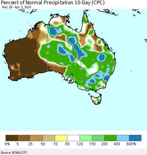 Australia Percent of Normal Precipitation 10-Day (CPC) Thematic Map For 3/26/2024 - 4/5/2024