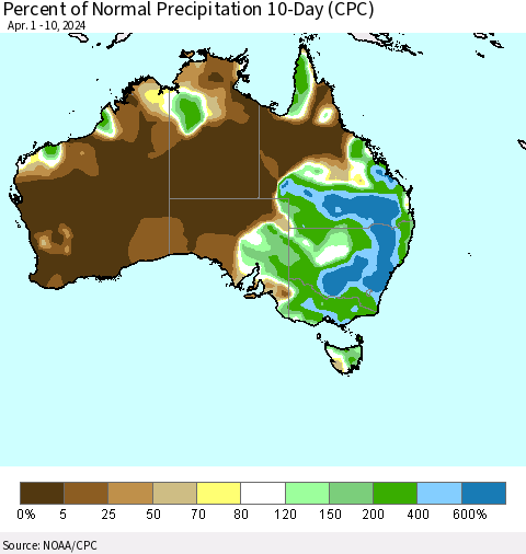 Australia Percent of Normal Precipitation 10-Day (CPC) Thematic Map For 4/1/2024 - 4/10/2024