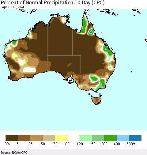 Australia Percent of Normal Precipitation 10-Day (CPC) Thematic Map For 4/6/2024 - 4/15/2024