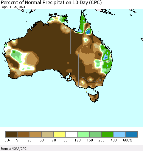 Australia Percent of Normal Precipitation 10-Day (CPC) Thematic Map For 4/11/2024 - 4/20/2024