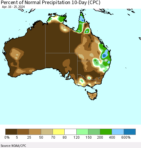 Australia Percent of Normal Precipitation 10-Day (CPC) Thematic Map For 4/16/2024 - 4/25/2024