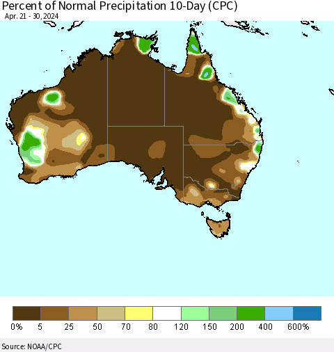 Australia Percent of Normal Precipitation 10-Day (CPC) Thematic Map For 4/21/2024 - 4/30/2024