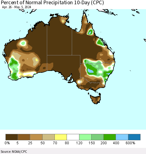 Australia Percent of Normal Precipitation 10-Day (CPC) Thematic Map For 4/26/2024 - 5/5/2024