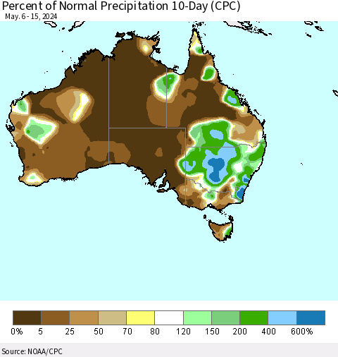 Australia Percent of Normal Precipitation 10-Day (CPC) Thematic Map For 5/6/2024 - 5/15/2024