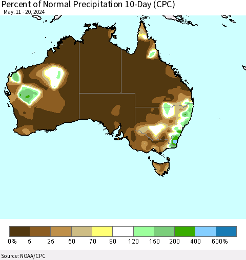 Australia Percent of Normal Precipitation 10-Day (CPC) Thematic Map For 5/11/2024 - 5/20/2024