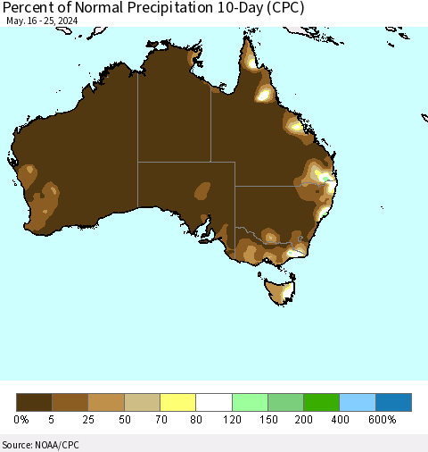 Australia Percent of Normal Precipitation 10-Day (CPC) Thematic Map For 5/16/2024 - 5/25/2024
