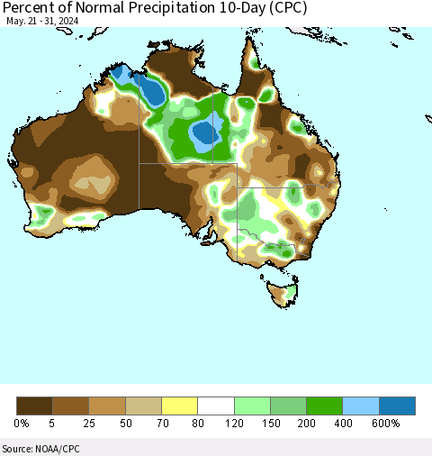 Australia Percent of Normal Precipitation 10-Day (CPC) Thematic Map For 5/21/2024 - 5/31/2024