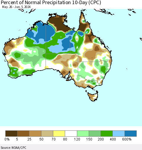 Australia Percent of Normal Precipitation 10-Day (CPC) Thematic Map For 5/26/2024 - 6/5/2024