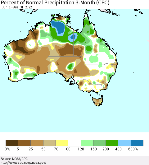 Australia Percent of Normal Precipitation 3-Month (CPC) Thematic Map For 6/1/2022 - 8/31/2022