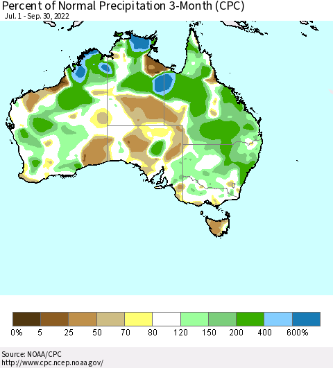Australia Percent of Normal Precipitation 3-Month (CPC) Thematic Map For 7/1/2022 - 9/30/2022
