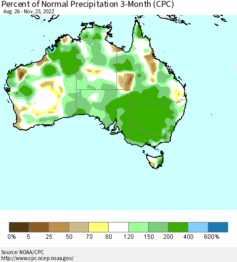 Australia Percent of Normal Precipitation 3-Month (CPC) Thematic Map For 8/26/2022 - 11/25/2022