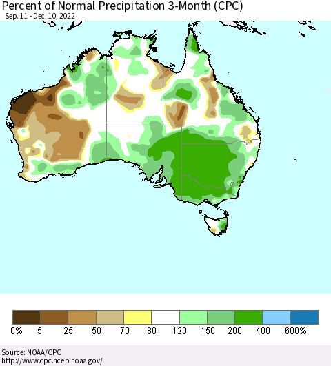 Australia Percent of Normal Precipitation 3-Month (CPC) Thematic Map For 9/11/2022 - 12/10/2022