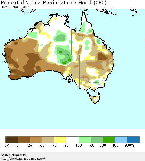 Australia Percent of Normal Precipitation 3-Month (CPC) Thematic Map For 12/6/2022 - 3/5/2023