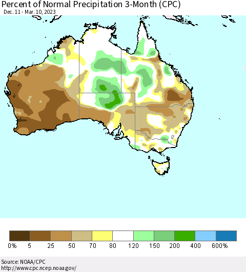 Australia Percent of Normal Precipitation 3-Month (CPC) Thematic Map For 12/11/2022 - 3/10/2023