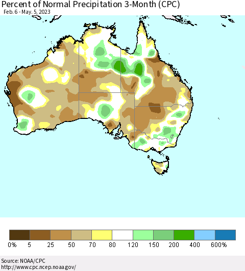 Australia Percent of Normal Precipitation 3-Month (CPC) Thematic Map For 2/6/2023 - 5/5/2023