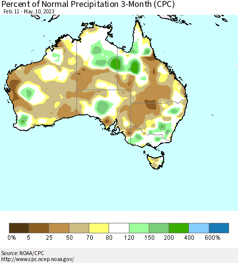 Australia Percent of Normal Precipitation 3-Month (CPC) Thematic Map For 2/11/2023 - 5/10/2023