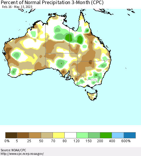 Australia Percent of Normal Precipitation 3-Month (CPC) Thematic Map For 2/16/2023 - 5/15/2023