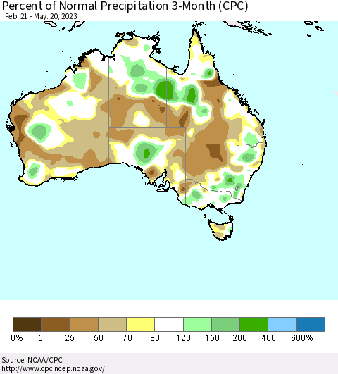 Australia Percent of Normal Precipitation 3-Month (CPC) Thematic Map For 2/21/2023 - 5/20/2023